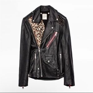 ZADIG & VOLTAIRE Liya Animal Print Leopard Patch Leather Biker Moto Jacket